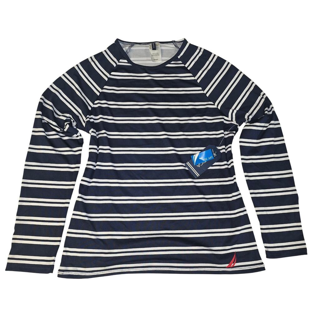 Nautica Womens Long Sleeve Shirt Medium Striped Navy White NWT